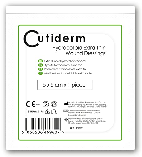 Pack of 10 Cutiderm Sterile Hydrocolloid Extra Thin Adhesive Wound Dressing 5cm x 5cm - for Cuts, Grazes, Superficial and Partial Thickness Burns, Pressure sores, and Venous Leg ulcers