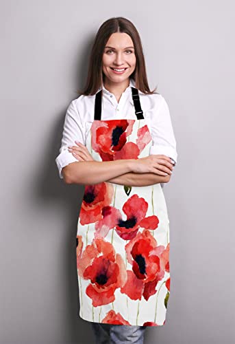 Wasach Poppy Flowers Apron, Watercolor Poppy Bib Apron with Adjustable Neck for Men Women,Suitable for Home Kitchen Cooking Waitress Chef Grill Bistro Baking BBQ Apron