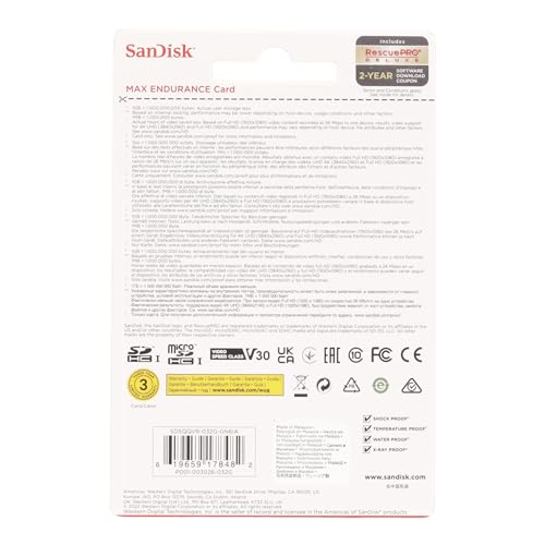 SanDisk 32GB MAX ENDURANCE microSDHC card for IP cams & dash cams and SD adapter up to 15,000 Hours Full HD / 4K videos up to 100 MB/s UHS-I Class 10 U3 V30