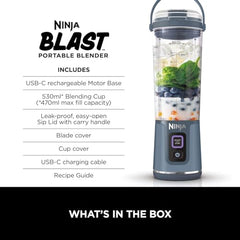 Ninja Blast Portable Blender, 530ml, Leakproof Lid & Sip Spout, Powerful Cordless Mini Blender, Rechargeable, Portable Smoothies, Protein Shakes, Blends Ice & Frozen Fruit, Denim Blue, BC151UKNV