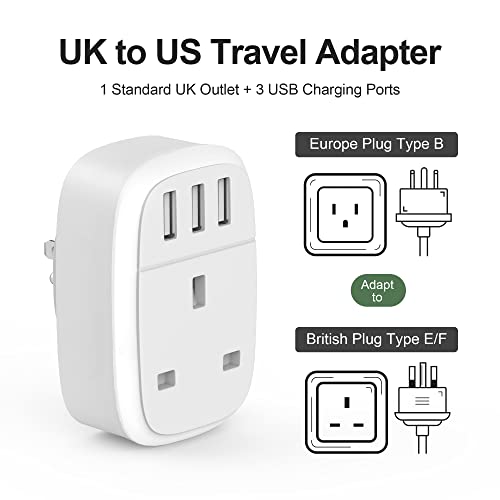 UK to US Adaptor Plug, USA Travel Adapter with 3 USB Ports, American Thailand Mexico Colombia Grounded Charger, Iroussa 4 in 1 Plug Adapter from UK to USA for iPhone, iPad, Android, Samsung (Type B)