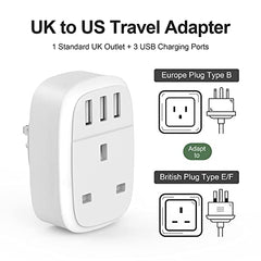 UK to US Adaptor Plug, USA Travel Adapter with 3 USB Ports, American Thailand Mexico Colombia Grounded Charger, Iroussa 4 in 1 Plug Adapter from UK to USA for iPhone, iPad, Android, Samsung (Type B)