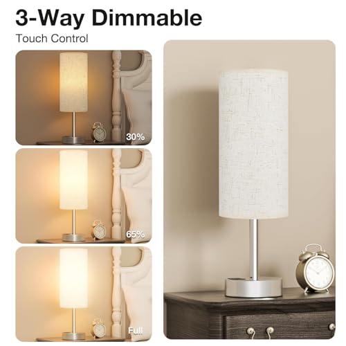 Bedside Lamps, Touch Lamps Bedside with USB-CandA Charging Ports, 3-Way Dimmable Table Lamp with White Linen Fabric Shade, Small Table Lamp for Bedroom Living Room (Bulb Included)