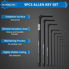 VORXEON 9PCS Allen Wrench Hex Key Set 1.5mm-10mm, Metric Long Ball End Allen Key Set L-Key with Visible Coding for Bike Motorcycle Repair Furniture Assembly Household DIY