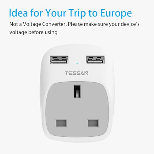 TESSAN UK to EU Euro Europe Travel Adapter with 2 USB Ports - Grounded European Power Plug Adapter for Germany France Iceland Poland Spain Russia and More (Type E/F) Not Include Italy