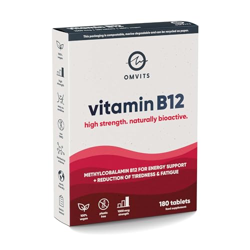 Omvits Vegan Vitamin B12-1000mcg Methylcobalamin - 180 Tablets in 100% Plastic-Free Packaging - High Strength Supplement - 6 Month Supply - Palm Oil Free - Helps Reduce Tiredness & Fatigue