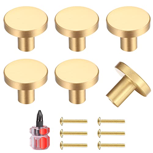 Yibaijia 6 Pcs Gold Brass Drawer Knobs, Round Kitchen Cabinet Pulls Door Knobs for Chest of Drawers Furniture Cupboard Dresser Wardrobe Door Handles and Knobs, with Screws and Screwdriver - 20x25 mm