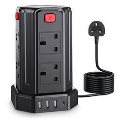 Tower Extension Lead, [13A 3250W] Surge Protector Extension Lead,8 AC Outlets & 4 USB Ports Multi Plug Socket Power Strip with 3M Extension Cable for Home, Office