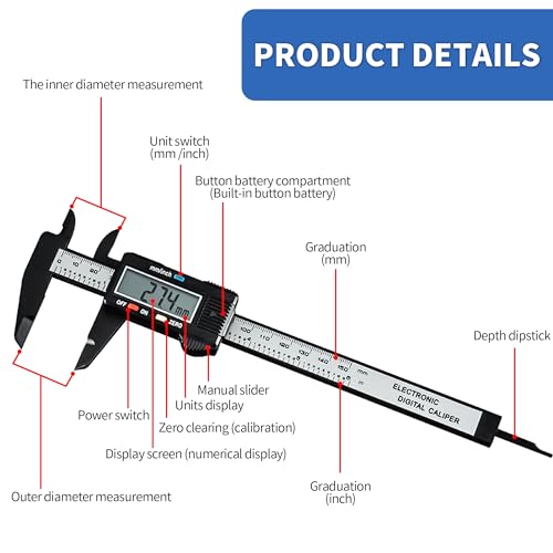 HEA Digital Vernier Caliper, Electronic Calipers Measuring Tool with Large LCD Screen 150mm 0-6 inches, Digital Micrometer with MM/Inch Unit Conversion, Auto-off