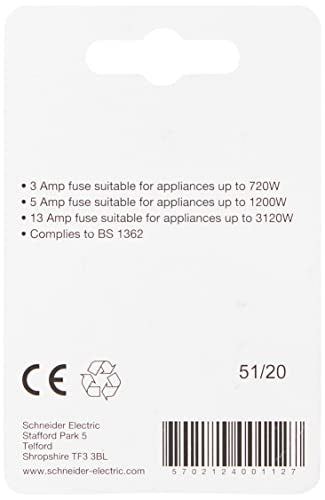 Schneider Electric Exclusive - Fuse Cartridge, 3A, 3Amp, Fuses Assorted, Mains Household UK, Red, 400112, Pack of 4