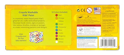 CRAYOLA Washable Paints - Assorted Colours (Pack of 10)   Perfect for Any Arts & Crafts Needs - Easily Washable   Ideal for Kids Aged 3and (Packaging may vary)