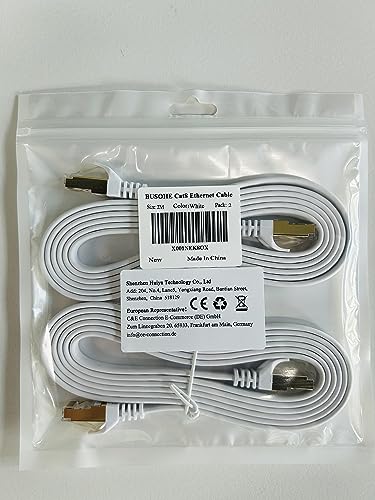 BUSOHE Cat 8 Ethernet Cable 2m 2-Pack, High Speed Flat Gigabit RJ45 Lan Network Cable, 40Gbps 2000Mhz Internet Patch Cord for Switch, Router, Modem, Patch Panel, PC (White)