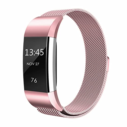 Wongeto Compatible with Fitbit Charge 2 Strap, Adjustable Stainless Steel Metal Mesh Replacement Wristband Straps with Unique Magnet Lock for Fitbit Charge 2 Men Women (Rose Pink)