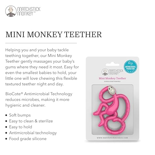 Matchstick Monkey, Antimicrobial Silicone Teether, Easy To Grip, BPA Free, 3 Months Oldand, 10 cm, Pink Mini Monkey