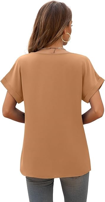 Yommay Blouses for Womens V Neck Ladies Tops Summer Chiffon Blouses Tops Short Sleeve Casual T Shirts,Brown,M