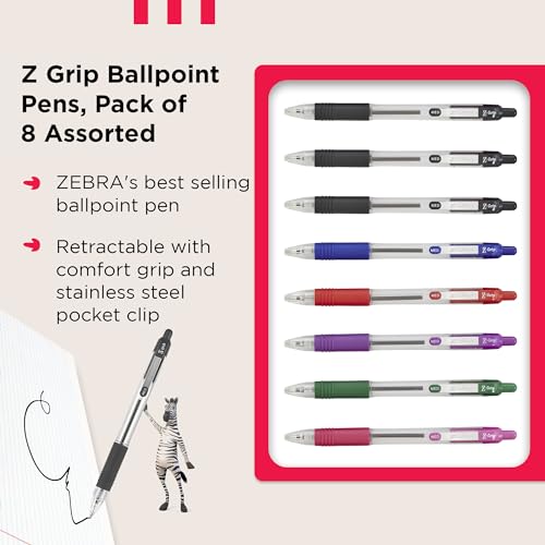 Zebra Pen Z Grip Assorted Ballpoint Pens with Pocket Clip 8pk Retractable Assorted Ink Ballpoint Pens, Reliable Assorted Biro Pens Multipack for Everyday Use Design, New Pack Size 8pk