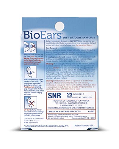 BioEars 41304 Soft Silicone Earplugs with ACTIValoe. Premium silicone. Protection from Water and Noise (6 pairs),Blue