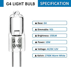 G4 Halogen Bulbs 10W 12V, G4 Dimmable Halogen Light Bulbs Warm White 2700K, 2 Pin G4 Halogen Light Bulb Clear Capsule Lamp Bulbs for Cooking Lighting, Crystal Chandeliers, Track Lighting, Pack of 10