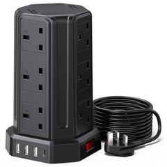 AODENG Tower Extension Lead with USB Slots 5M, 12 Way Outlets Multi Plug Extension Tower with 4 USB Slots (1 Type C & 3 USB Ports), Surge Protector Long Extension Lead tower for Home, Office, Kitchen