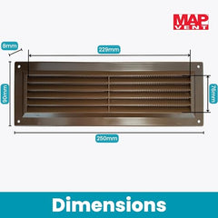 Map Louvre Vent Cover 9 x 3 (229mm x 76mm), Fixed Plastic Grille with Flyscreen to Cover Single Brick, Brown