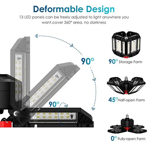 Rafow 200W LED Garage Light 2 Pack - 20000LM 6500K Deformable Ceiling Lighting Fixture with 12 Adjustable Panels - E26/E27 Bay Light for Garage   Basement   Shop   Workshop   Barn   Warehouse