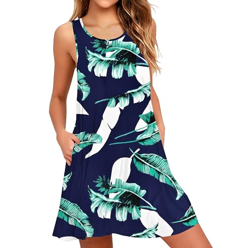 AUSELILY Women's Summer Sleeveless V-Neck Floral Casual Tank Dress with Pockets(Print Blue,M)