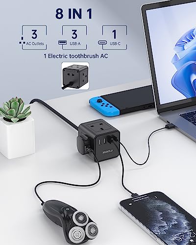 Cube Extension Lead with 4 USB Slots, Kemelo 4 Way (13A/3250W) Multi Plug Extension Cable with Child Safety UK Desktop Power Extension Socket,1.5M Extension Cords for Home Dorm Office Travel, Black