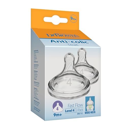 Dr. Brown’s Natural Flow Level 4 Wide-Neck Baby Bottle Silicone Teat, Fast Flow, 9mand, 100% Silicone Bottle Teat, 2-Pack