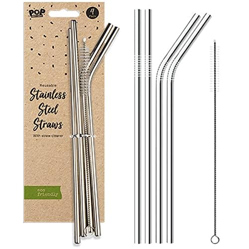 4 x Metal Stainless Steel Reusable Drinking Straws Eco Friendly and Cleaning Brush Party Summer Use Birthday Smoothie Milk Shake Water Juice Silver Bent & Straight Straws UK Free P&P