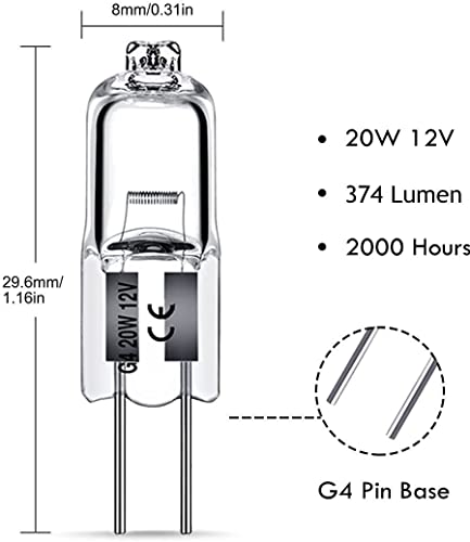 G4 Halogen Light Bulbs 20W 12V Clear Capsule 2 Pin Lamp Bulb Halogen Pin Base Warm White Dimmable 10 Pack