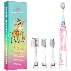 Dada-Tech Kids Electric Toothbrush, Sonic Childrens Battery Powered Soft Tooth Brush with Timer for Junior Boys and Girls Ages 2and, Rainbow Flashing LED Light, Waterproof, 4 Brush Heads (Pink)