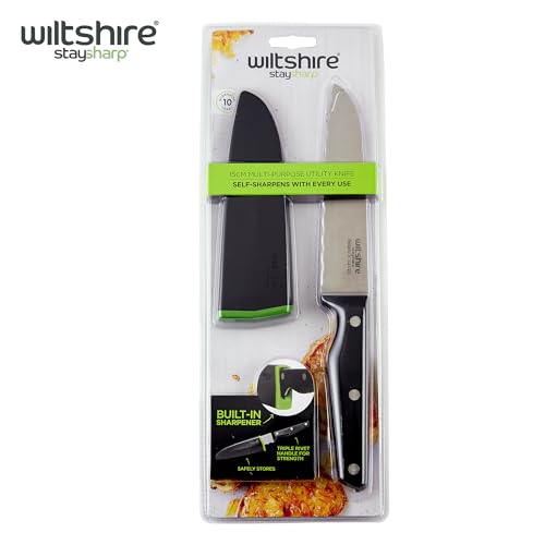 Wiltshire Staysharp Triple Rivet Multi-Purpose Utility Knife 15cm 6, Built-in Sharpener, Keep Your Knife Sharp at All Times, Slim Design Scabbard, Ergonomic Triple Rivet Handle, 10 Year Guarantee