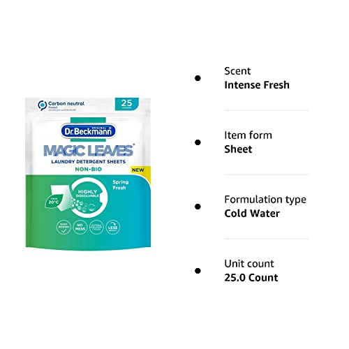 Dr. Beckmann MAGIC LEAVES Laundry Detergent Sheets NON-BIO   Convenient and pre-dosed laundry detergent sheets   Dissolvable climate neutral and easy to use   25 sheets