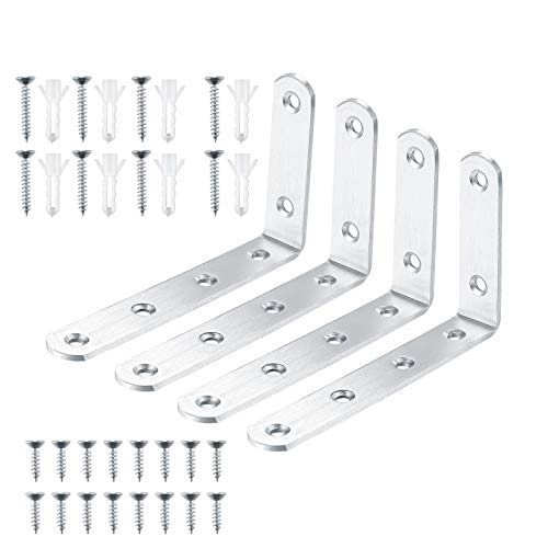 4 Pcs Shelf Brackets, L Shaped Metal Brackets, Right Angle Corner Brace Bracket, Wall Support Brackets, Joint Bracket Fastener with Screw and Anchors for Shelves, Wood, Furniture, Cabinet, Tables