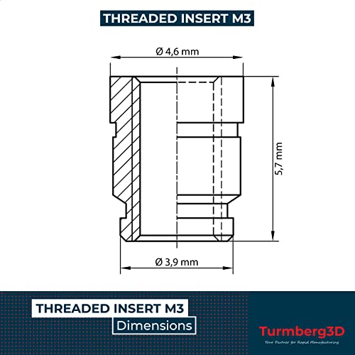 Turmberg3D Threaded Insert M3 (Pack of 100) / M3 x 5.7 Brass Threaded Sockets / Melting Nut for Plastic Parts for 3D Printer Parts (M3 x 5.7)