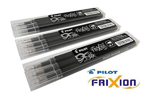 Pilot Frixion erasable pens refill, 9 refill bundle Black gel ink fine point 07 (Black)