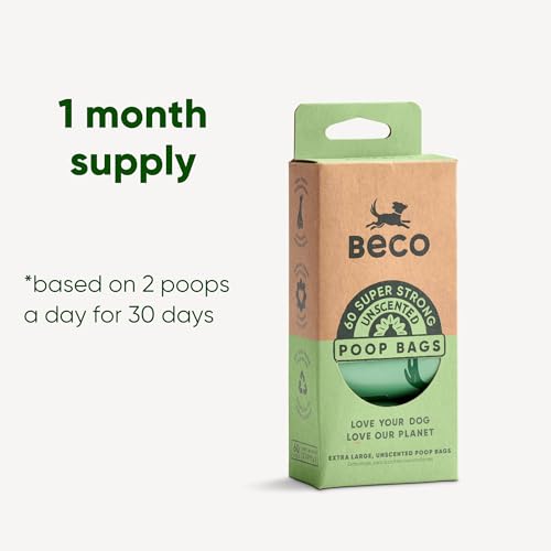 Beco Strong & Large Poop Bags - 60 Bags (4 Rolls of 15) - Unscented - Dispenser Compatible Dog Poo Bags