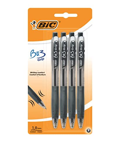 Bic Bu3 Grip 1.0 Black Retractable Ball Pen 4 Pack Stationery