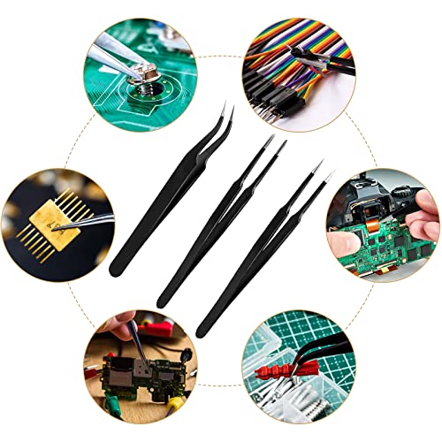 3pcs Anti-Static Precision Tweezers Set Modelling Tweezers for Crafting Include Needle Nose Thin Curved Tweezers for Electronic Repair, Handicraft, Laboratory, Jewelry Manufacturing etc