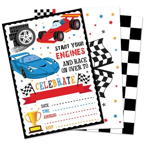 WERNNSAI Racing Car Party Invitation with Envelopes - 20 Count Race Car Party Supplies for Boys Birthday Baby Shower Graduation Fill-in Style Racing Invite Cards