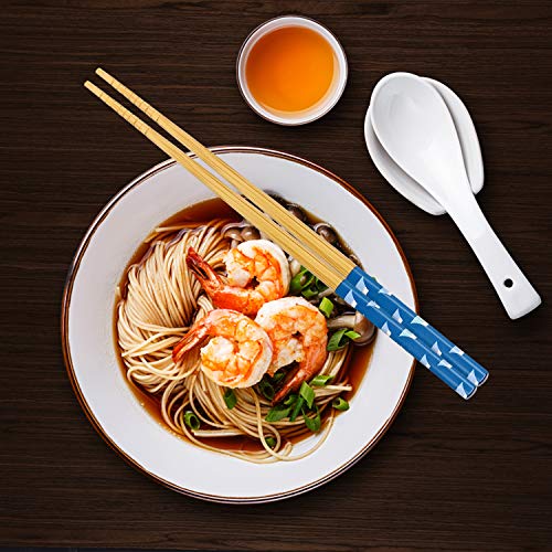 5 Pairs Japanese Natural Bamboo Chopsticks with Unique Print, Reusable Chopstick Gift Set for Sushi Rice Noodles, Chinese Tableware Washable for Dishwasher, 8.85 Inches Length