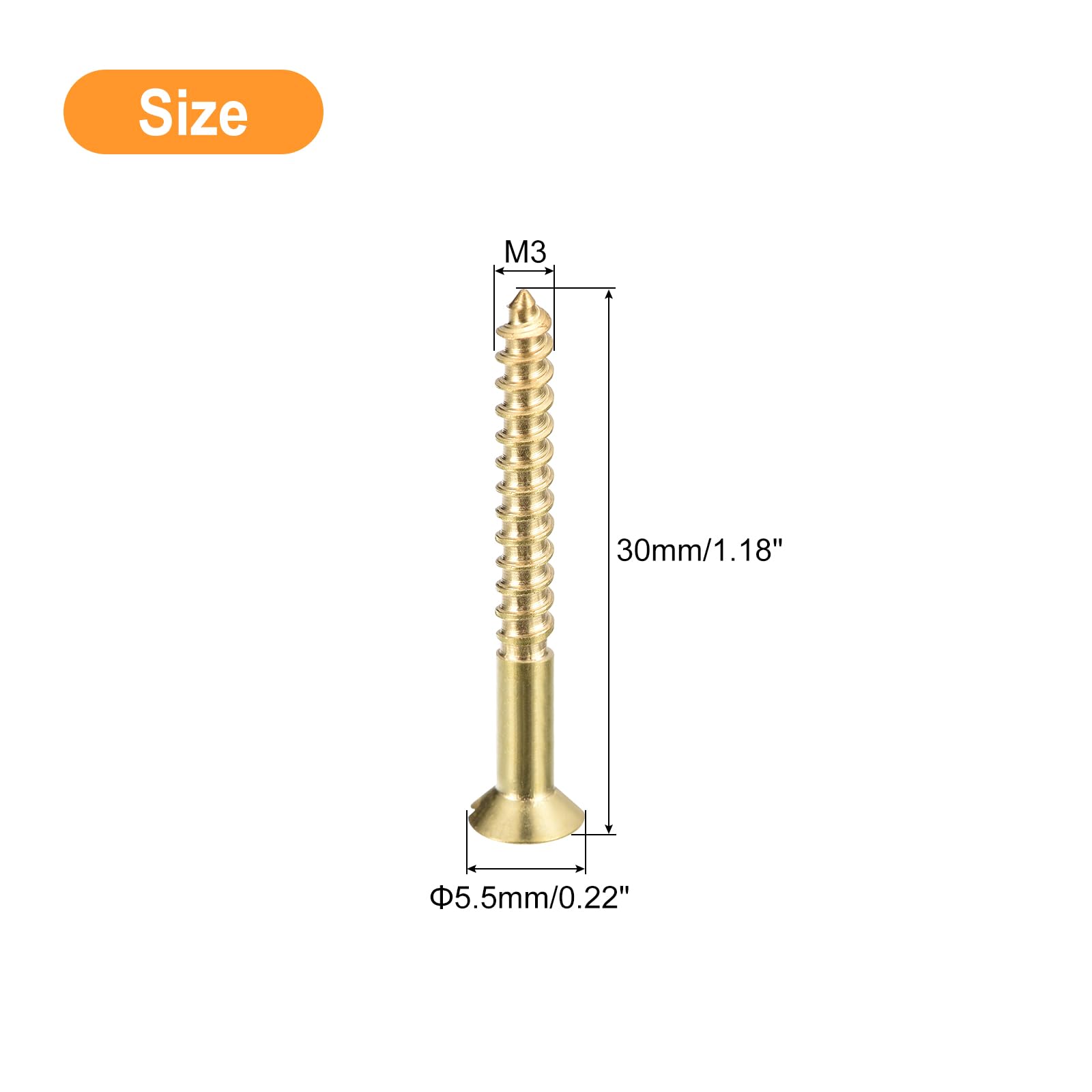 sourcing map Brass Wood Screws, 50Pcs M3 x 30mm Slotted Drive Flat Head Self Tapping Screw Countersunk for Woodworking Furniture