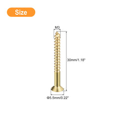 sourcing map Brass Wood Screws, 50Pcs M3 x 30mm Slotted Drive Flat Head Self Tapping Screw Countersunk for Woodworking Furniture