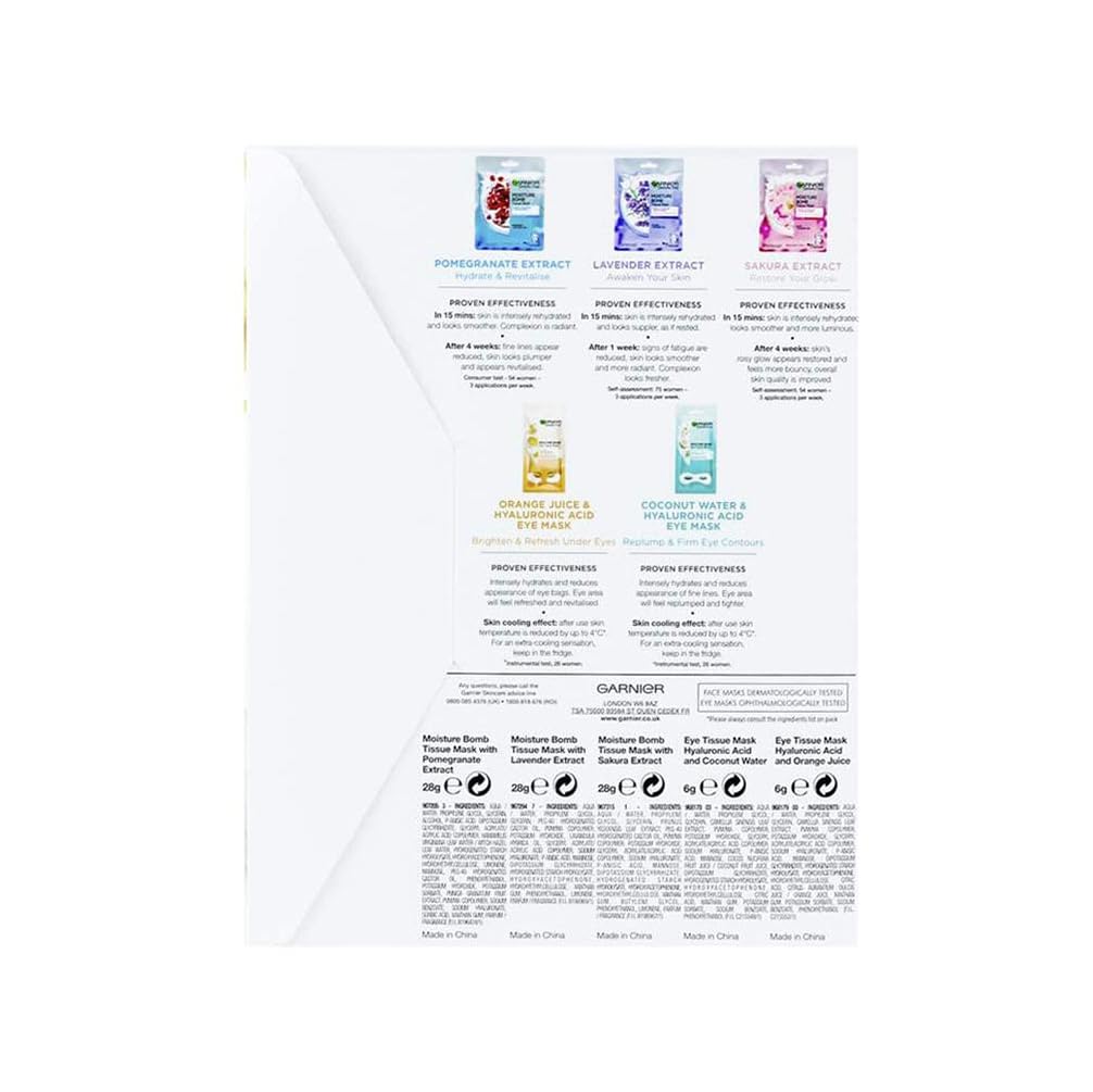 Garnier Sheet Mask Discovery Collection, Face & Eye Sheet Masks for Dehydrated, Dull and Tired Skin, With Hyaluronic Acid and Glycerine, Skin Active, Pack of 5