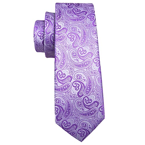 Barry.Wang Man Solid Tie Set Silk Paisley Light Purple Necktie Pocket Square Cuff Links Business