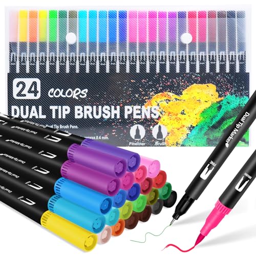 Halobios Dual Tip Brush Pens, Art Supplies Colouring Pens Set for Kids Colouring Books, 24 Colours Felt Tip Pens Art Markers for Design, Drawing, Painting, Sketching, Calligraphy, Lettering