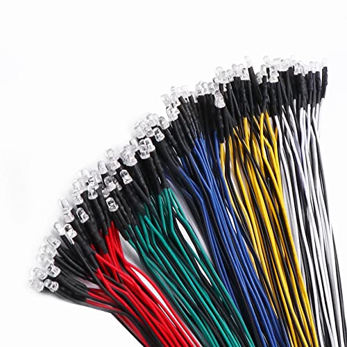 YIXISI 100 PCS 3mm LED Diodes Light 5 Colors (Each Color 20 PCS), Ultra Bright 12V 20cm Pre Wired, White/Red/Blue/Green/Yellow