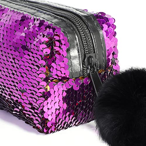 PHOGARY Sequin Preppy Pencil Case for Girls, Secondary School Pencil Bags with Fluffy Zipper, Pencil Pouch Holographic Pen Case Organizer for Students, Women Glitter Makeup Pouch (Purple, Gold)