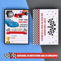 WERNNSAI Racing Car Party Invitation with Envelopes - 20 Count Race Car Party Supplies for Boys Birthday Baby Shower Graduation Fill-in Style Racing Invite Cards