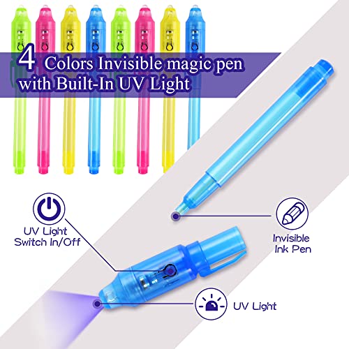 DazSpirit 8 packs Invisible Ink Pens and Notebooks - Dinosaur Theme, UV Light Spy Pens Party Bag Fillers for Boys and Girls, Magic Secret Message Pens for Detective Parties, Treasure Hunt